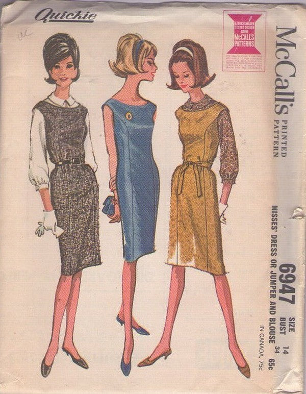 McCall's 6947 Vintage 60's Sewing Pattern Easy Rockabilly Dress, Princess Seams, Sheath Jumper, Blouse Size 14