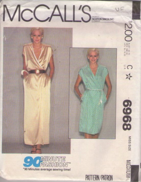 McCall's 6968 Vintage 80's Sewing Pattern Wrap Party Gowns, Liquid Gold, Foxy 90 Minute Fashion Disco Diva Wrap Around Summer Dress, Evening Gown Size M