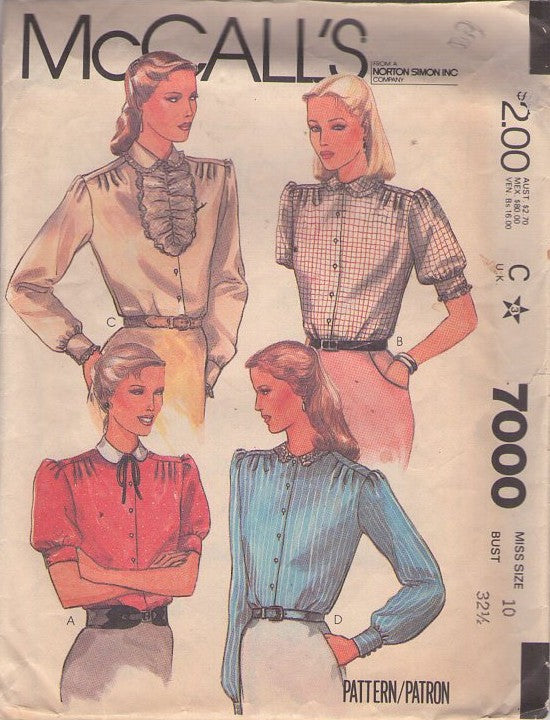McCall's 7000 Vintage 80's Sewing Pattern Secretary Blouses, Modest Button Front Blouse Set 4 Styles, Lace Jabot Size 10