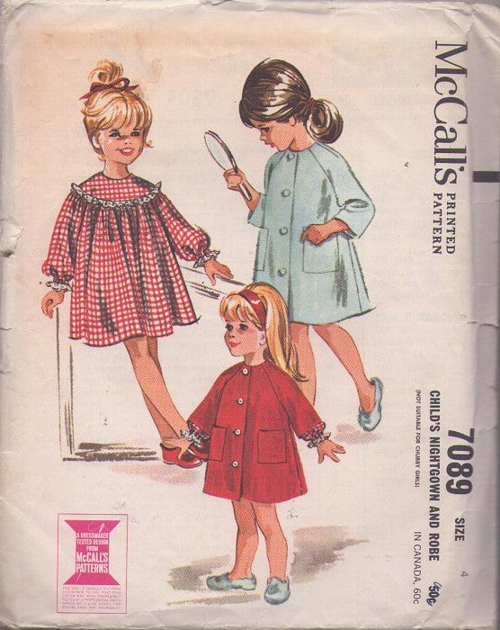 McCall's 7089 Vintage 60's Sewing Pattern Girls' Sleepwear Set, Raglan Sleeve Flared Mini Nightgown, Robe, Housecoat with Buttons Size 4