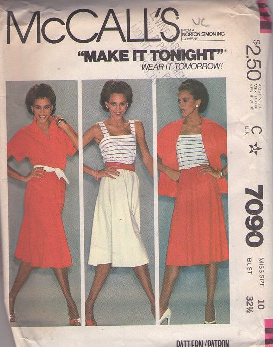 McCall's 7090 Vintage 80's Sewing Pattern Party Top, Cami, Skirt, Disco Era, Look Make it Tonight Camisole Tank Top, Shirt Jacket, Flared Skirt, 2 Piece Dress Size 10