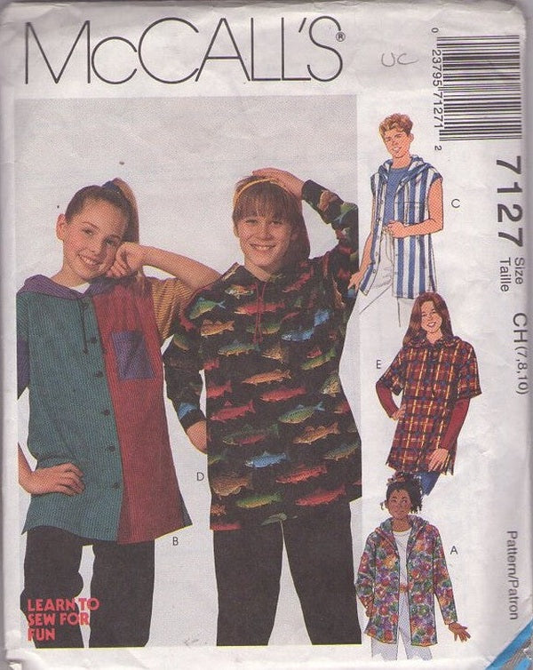 McCall's 7127 Retro 90's Sewing Pattern Boys' & Girls' Tops, Oversized Button Front Winter Jacket, New Wave Coat Styles Size 7-10