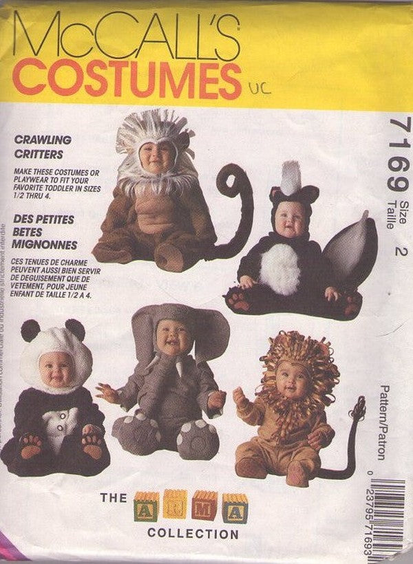 McCall's 7169 Retro 90's Sewing Pattern Animal Costumes, Designer Tom Arma Collection, Crawling Critters, Monkey, Lil' Stinker Skunk, Panda Bear, Elephant, Lion Jumpsuits Size 3