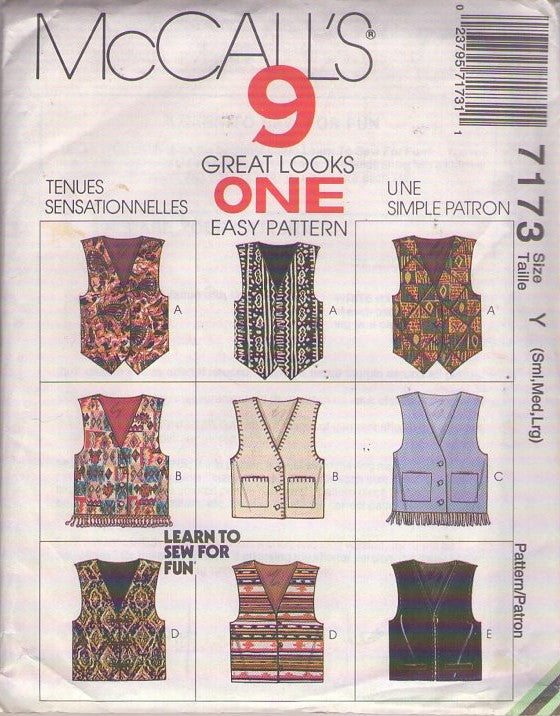 McCall's 7173 Retro 90's Sewing Pattern Vest Set, Wearable Art, 9 Great Looks 1 Easy Pattern V Neck Weskit Vests with Options Size S-L