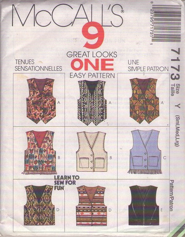 McCall's 7173 Retro 90's Sewing Pattern Vest Set, Wearable Art, 9 Great Looks 1 Easy Pattern V Neck Weskit Vests with Options Size S-L