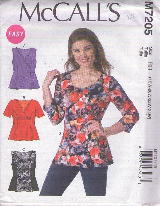 McCall's 7205 Retro 2015 Sewing Pattern Plus Size Tops, Princess Seams Peplum Flared Skirted Hem Blouse, Party Top Set 4 Styles Size 18-24