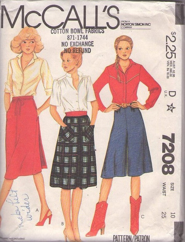 McCall's 7208 Vintage 80's Sewing Pattern Skirts, Back Wrap Around Flared A-Line Summer Skirt, Split Skirt Flared Leg Gauchos, Culottes Size 10