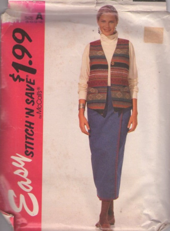 McCall's 7214 Retro 90's Sewing Pattern Easy Skirt, Vest, Grunge Look Stitch N Save Oversized Vest Jacket, Denim Slim Straight Wrap Around Skirt Size 8-14