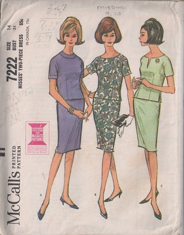 McCall's 7222 Vintage 60's Sewing Pattern Mod 2 Piece Secretary Dress, Top, Sheath Skirt Size 14