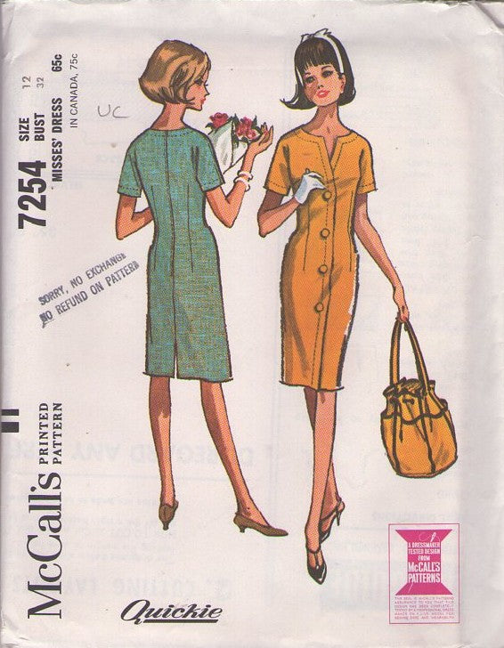 McCall's 7254 Vintage 60's Sewing Pattern Mod Quickie Dress, Mad Men, Secretary, Front Buttoned Band Coat Dress, Center Back Seam, V Neck Size 12