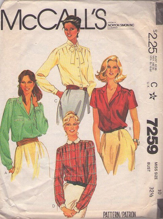 McCall's 7259 Vintage 80's Sewing Pattern Classic Shirts, Secretary Button Up Blouse Set, Collar and Sleeve Choices 4 Styles Size 10