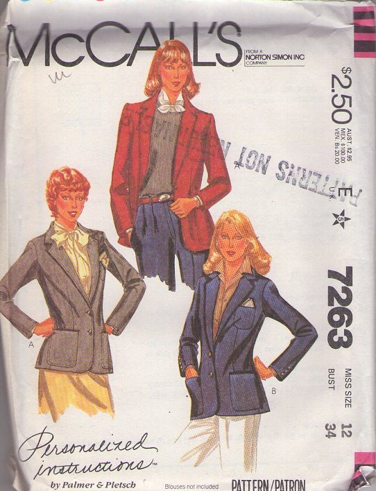 McCall's 7263 Vintage 80's Sewing Pattern Career Jackets, Palmer & Pletsch Fitted Blazer Suit Jacket, 2 Coat Styles Size 12