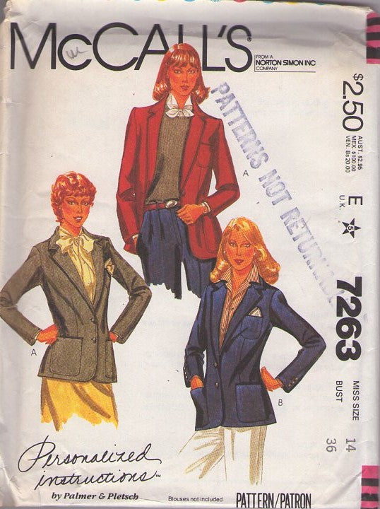 McCall's 7263 Vintage 80's Sewing Pattern Career Jackets, Palmer & Pletsch Fitted Blazer Suit Jacket, 2 Coat Styles Size 14