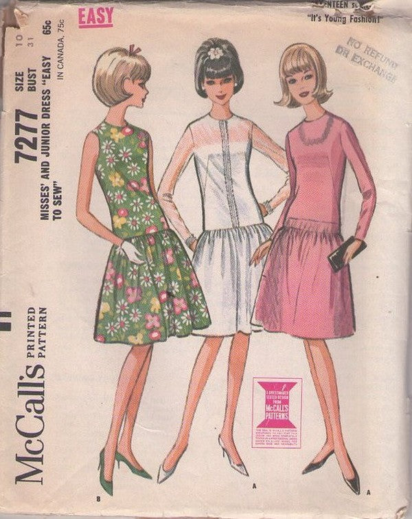 McCall's 7277 Vintage 60's Sewing Pattern Mod Party Dress, Easy Drop Waist, Flounced Skirt, Optional Sheer Sleeves, 3 Styles Size 10