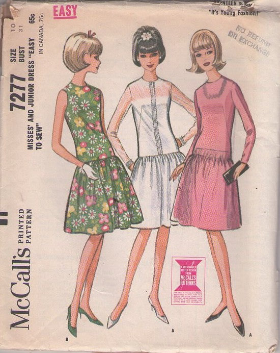 McCall's 7277 Vintage 60's Sewing Pattern Mod Party Dress, Easy Drop Waist, Flounced Skirt, Optional Sheer Sleeves, 3 Styles Size 10