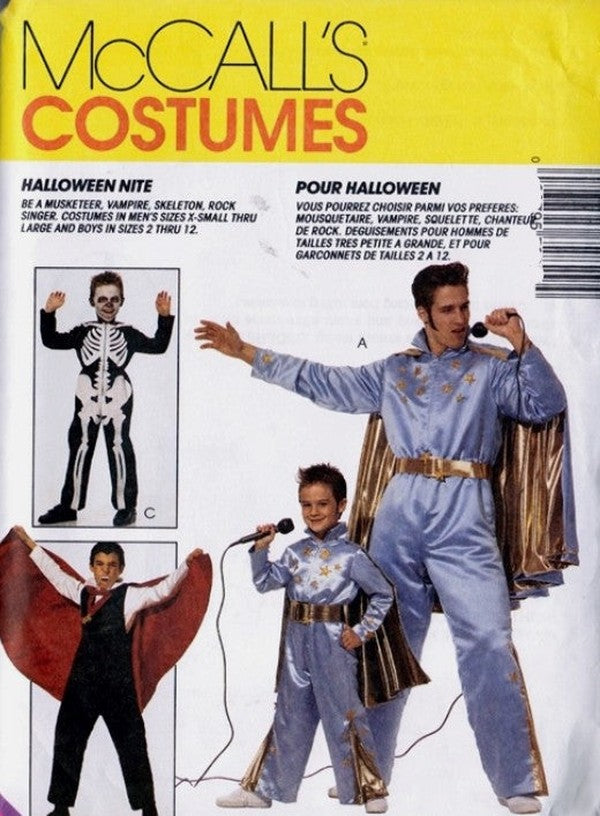 McCall's 7282 Retro 90's Sewing Pattern Character Costumes, Retro Elvis Presley, King of Las Vegas Jumpsuit, Cape, Vampire, Skeleton Halloween Costume Set Size ADULT M
