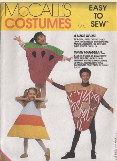 McCall's 7287 Retro 90's Sewing Pattern Food Costumes, Boys' & Girl's A Slice of Life Halloween Costume, Unique Watermelon, Pizza, Cheese, Candy Corn, Pie & Birthday Cake Size 2-3