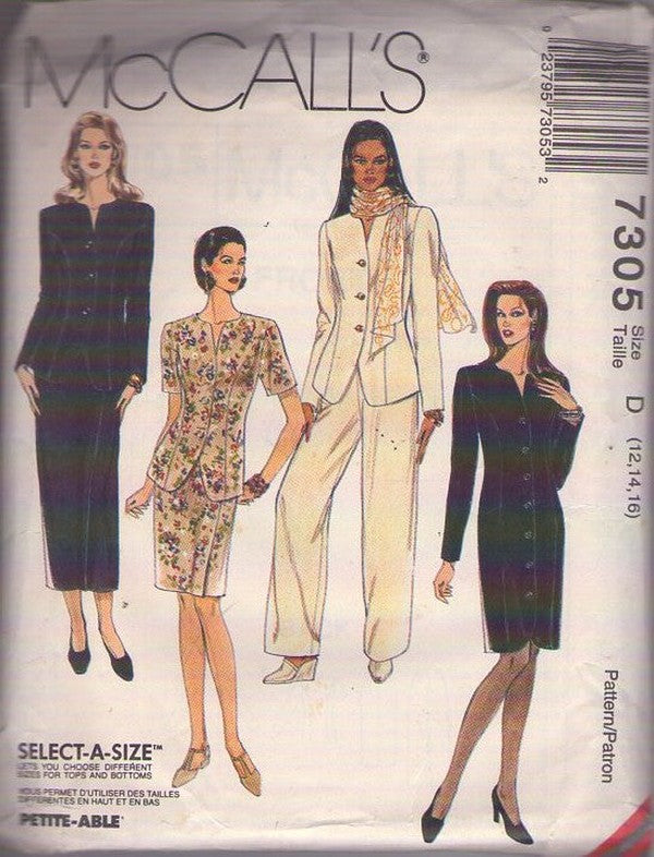 McCall's 7305 Vintage 90's Sewing Pattern Evening Separates, Shaped Jacket Top Blouse, Sheath Dress, Slim Skirt, Pants, Pantsuit Size 12