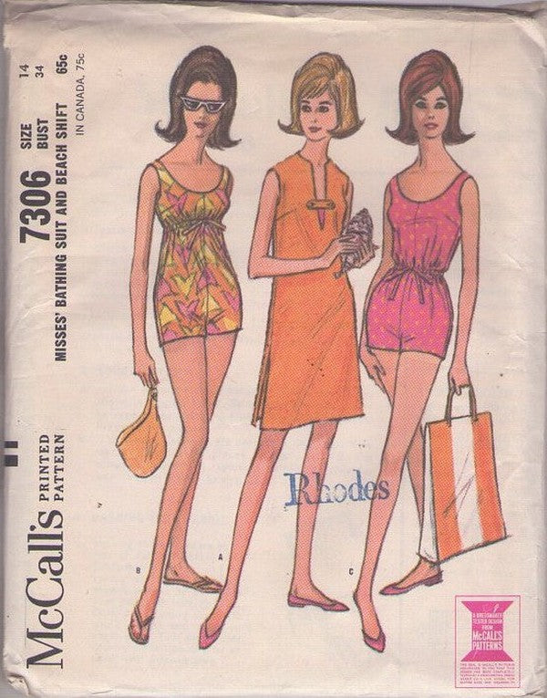 McCall's 7306 Vintage 60's Sewing Pattern Mod Swimsuit Set, Shift Beach Dress, Drawstring Styles, Scoop Neck, Boy Shorts Leg Size 14
