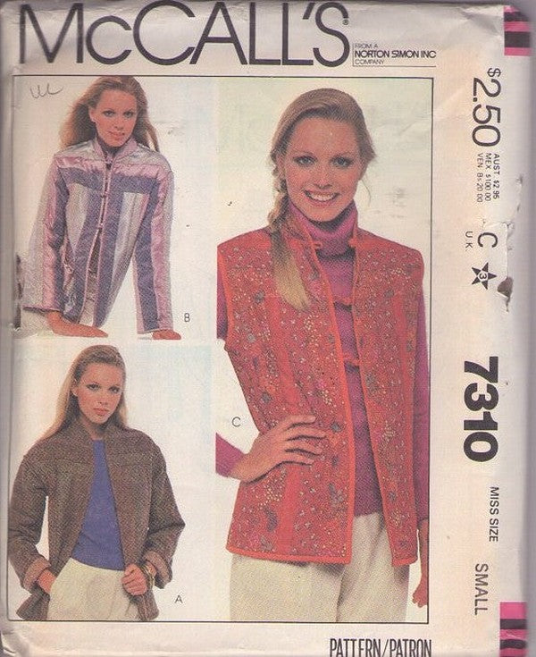 McCall's 7310 Vintage 80's Sewing Pattern Boho Reversible Jacket, Vest Set, Quilted, Wearable Art, 3 Styles Size S