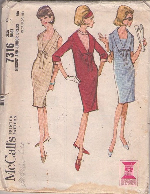 McCall's 7316 Vintage 60's Sewing Pattern Rockabilly Dresses, Shift Dress Set, Mad Men Flat Collar Deep V Modesty Panel Shift Slim Fit Dress Set Size 16