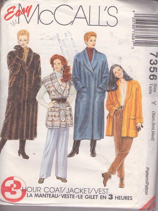 McCall's 7356 Vintage 90's Sewing Pattern Easy Faux Fur Long Coat, Shawl Collar Duster, Jacket, Vest Set Size XS-M