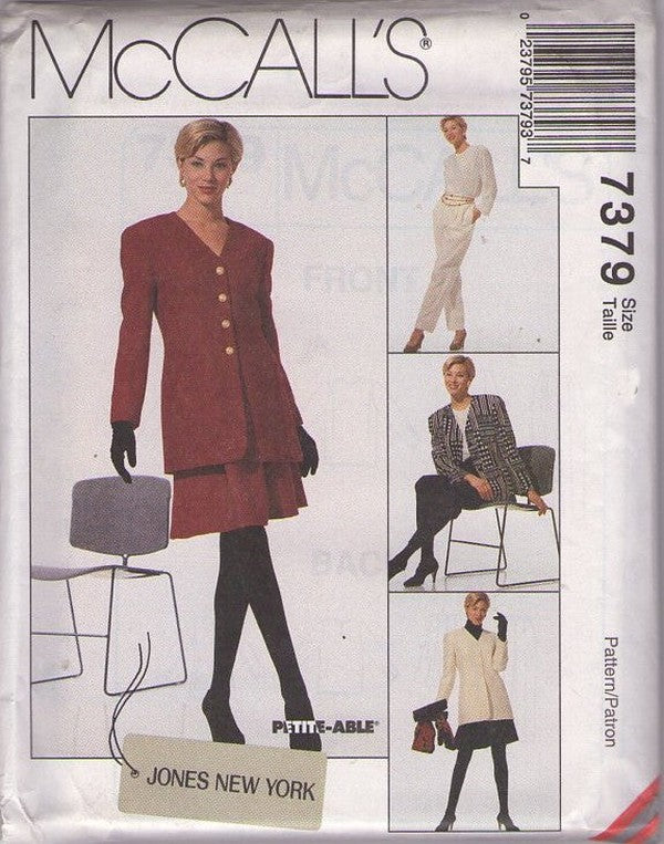 McCall's 7379 Retro 90's Sewing Pattern Suit Separates, Designer Jones New York, Over the Hip Jacket, Blouse, Mini Skirt & Pants Size 8