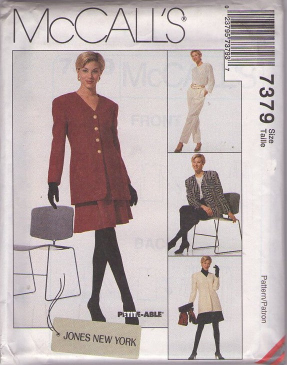 McCall's 7379 Retro 90's Sewing Pattern Suit Separates, Designer Jones New York, Over the Hip Jacket, Blouse, Mini Skirt & Pants Size 10