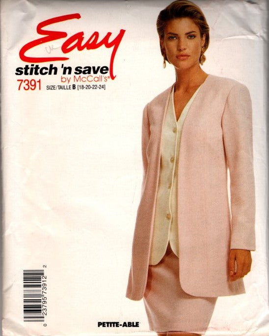 McCall's 7391 Vintage 90's Sewing Pattern Easy Career Wardrobe, Stitch N Save Long Blazer Jacket, Sheath Skirt, Vest Size 18-24
