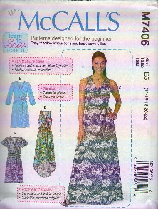 McCall's 7406 Retro 2016 Sewing Pattern Wrap Around Summer Dress, Easy to Sew, 4 Styles Size 14-22