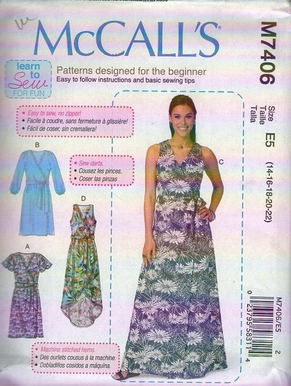 McCall's 7406 Retro 2016 Sewing Pattern Wrap Around Summer Dress, Easy to Sew, 4 Styles Size 14-22