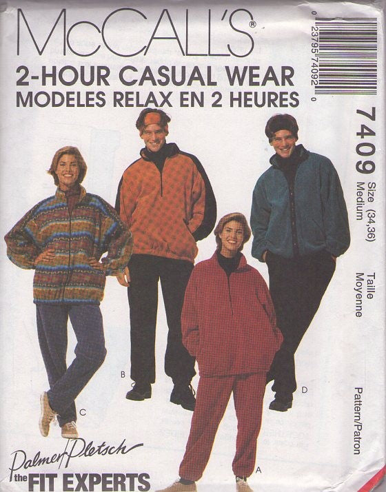 McCall's 7409 Retro 90's Sewing Pattern Winter Separates, Palmer Pletsch the Fit Experts, Easy 2 Hour, Mens' & Ladies' Oversized Fleece Hoodie Jacket, Sweatpants, Work Out Gym Clothes Size Small