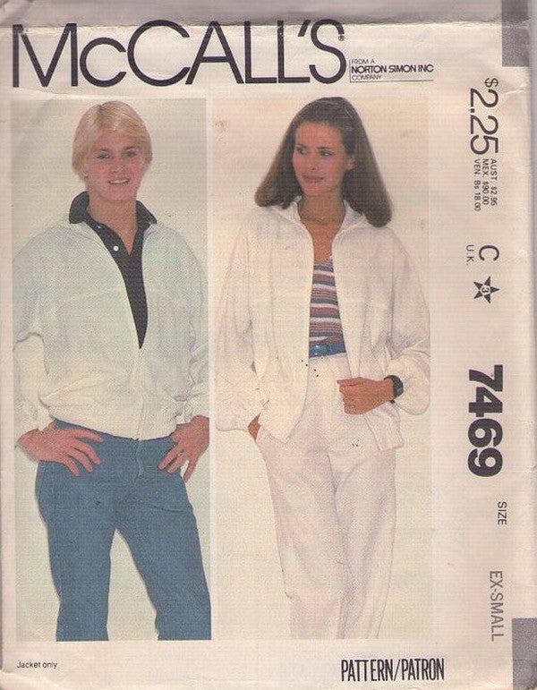 McCall's 7469 Vintage 80's Sewing Pattern Retro Jacket, Lightweight Front Zippered Windbreaker, Hood Size XS