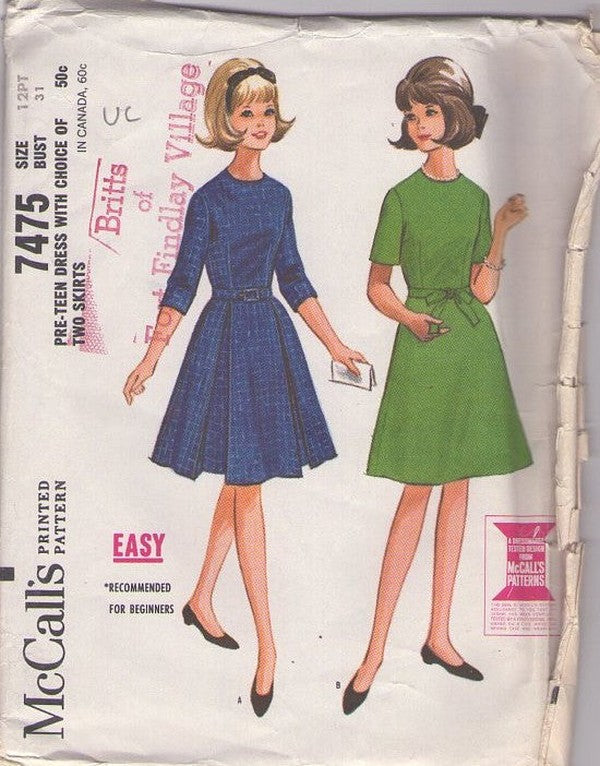 McCall's 7475 Vintage 60's Sewing Pattern Easy Petite Dress, Rockabilly Hairspray, 2 Styles Size 12PT