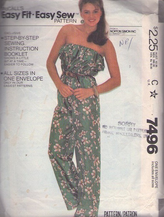 McCall's 7496 Vintage 80's Sewing Pattern Easy Strapless Pull On Jumpsuit, Blouson, Ruffles Size P-L