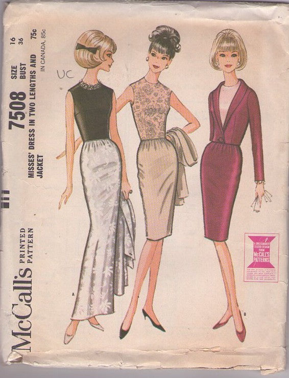 McCall's 7508 Vintage 60's Sewing Pattern Gala Gowns, Rockabilly, Mrs. Maisel Mad Men Red Carpet Gala Evening Gown, Cocktail Party Dress, Shawl Collar Jacket Size 16