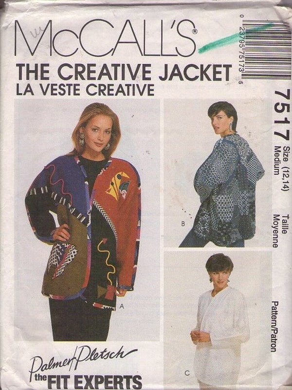 McCall's 7517 Vintage 90's Sewing Pattern The Creative Jacket, Wearable Art, Design Your Own Coat Size M 12-14