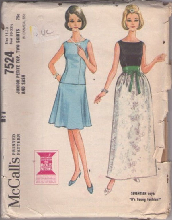McCall's 7524 Vintage 60's Sewing Pattern Mod 2 Piece Evening Gown, Dress, Bateau Neck Blouse Top, Flared Skirt, Belled Maxi Size 11-13