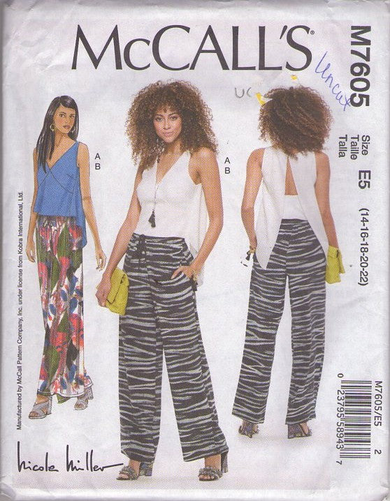 McCall's 7605 Retro 2017 Sewing Pattern Designer Separates, Nicole Miller, Open Back, V Neck Summer Blouse Top, Drawstring Pull on Comfy Pants Size 14-22