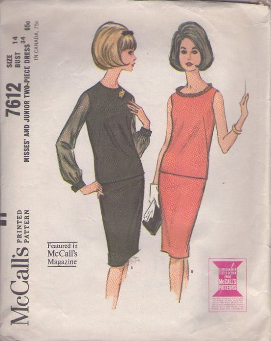 McCall's 7612 Vintage 60's Sewing Pattern Secretary Separates, Sheer Sleeves 2 Piece Mad Men Party Dress, Blouse & Sheath Skirt Size 14 CUT