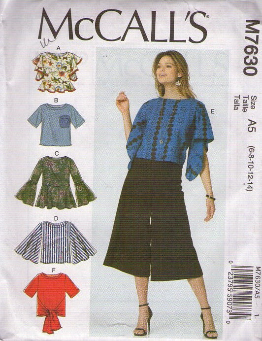 McCall's 7630 Retro 2017 Sewing Pattern Boho Ruffle Sleeves Top, Shirt, 6 Different Styles Size 6-14