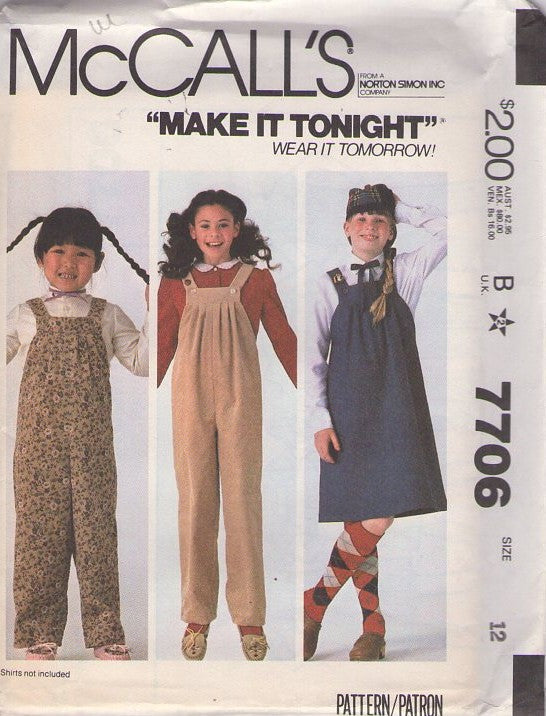 McCall's 7706 Vintage 80's Sewing Pattern Girls' School Separates, Make it Tonight, New Wave Grunge Era Button Strap Jumpsuit, Jumper, Dress Size 12 UNCUT