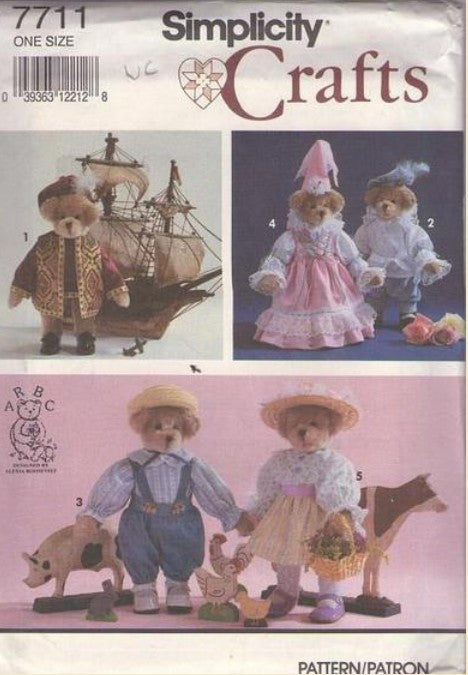 Simplicity 7711 Vintage 90's Sewing Pattern Doll Clothes, Historical Costume Outfits for 13" Bear Doll, Columbus, Country Dress & Overalls, Renaissance Prince & Princess