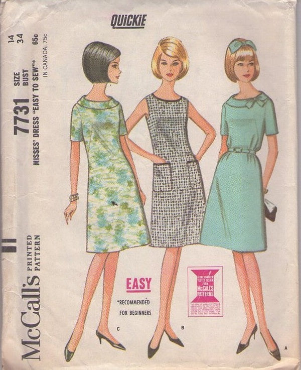 McCall's 7731 Vintage 60's Sewing Pattern Mod Dress Set, Easy Quickie Fit & Flared Day Dress, Shift Dress, 3 Styles Size 14