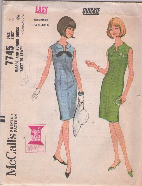 McCall's 7745 Vintage 60's Sewing Pattern Mod Dresses, Mad Men Easy Quickie Dart Fitted Sheath Dress, Bow & Collar Size 16