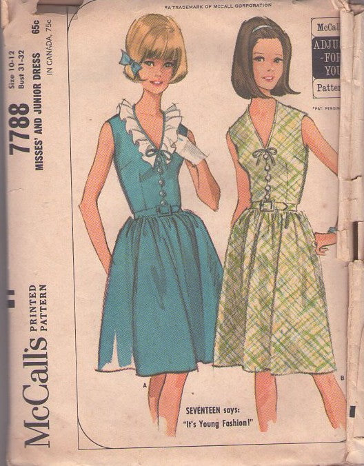 McCall's 7788 Vintage 60's Sewing Pattern Rockabilly Dress, Summer, Mad Men, V Neck Button & Loop Shirtwaist Flared Skirt Summer Dress, 2 Styles 10-12