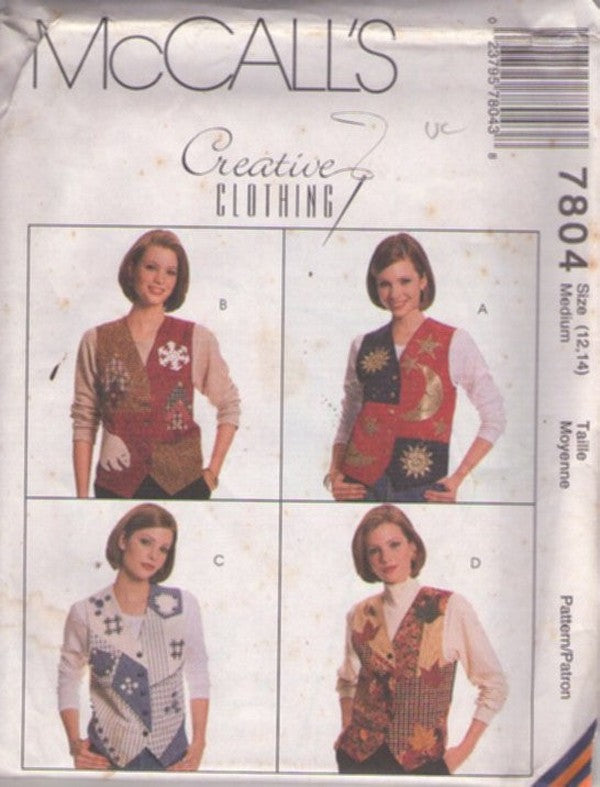 McCall's 7804 Retro 90's Sewing Pattern Vests, Creative Clothing Wearable Art Front Buttoned Vest with Appliques, Winter, Country, Fall, Celestial Size M