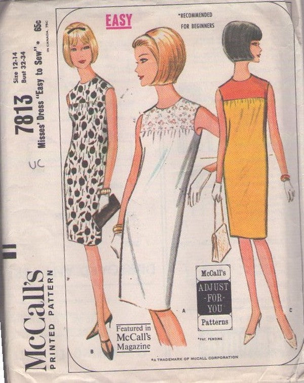 McCall's 7813 Vintage 60's Sewing Pattern Easy Slim Dress, Contrast Yoke Sleeveless Slim Straight Dress, 3 Styles Size 12-14