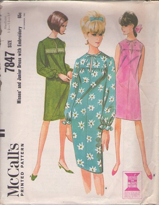 McCall's 7847 Vintage 60's Sewing Pattern Mod Panel Dresses, Slit & Tie Neck, Twiggy Day Dress Set, Straight Fitting Panel Shift Dress Set, 2 Styles Size M CUT