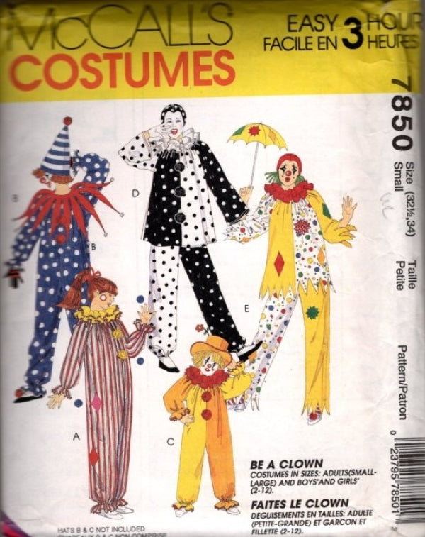 McCall's 7850 Vintage 90's Sewing Pattern Easy to Sew Circus Clown Costume, Mime, Jumpsuit, Pants, Shirt Size Adult S